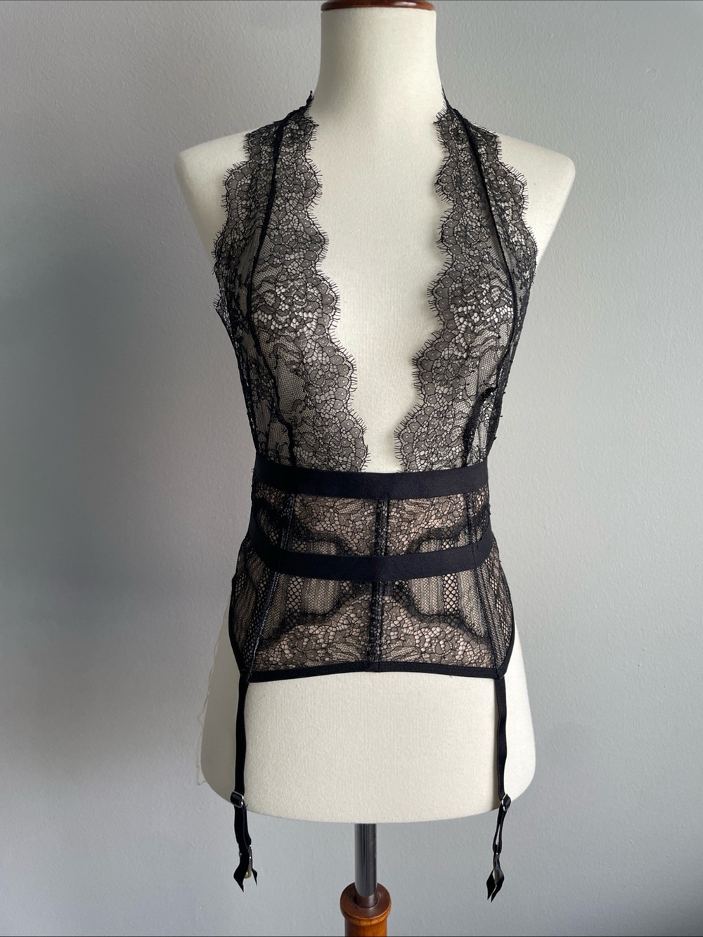 Victoria's Secret Black Lace Halter Plunge Chemise Teddy Sheer Garter Bodysuit S